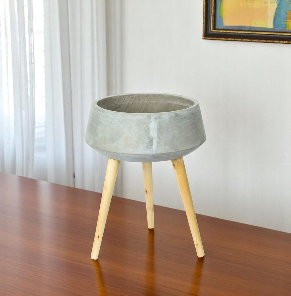 Gray Cement And Wood 81 Ounce Round Distressed Pot Planter With Stand