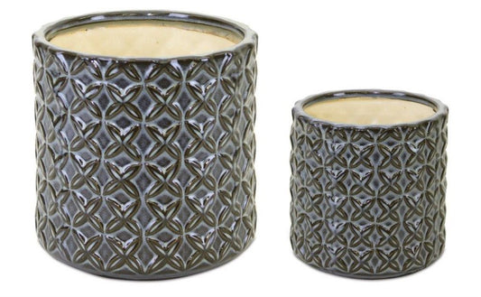 Set of Two Brown And Gray Clay 7 Ounce Geometric Round Pot Planters