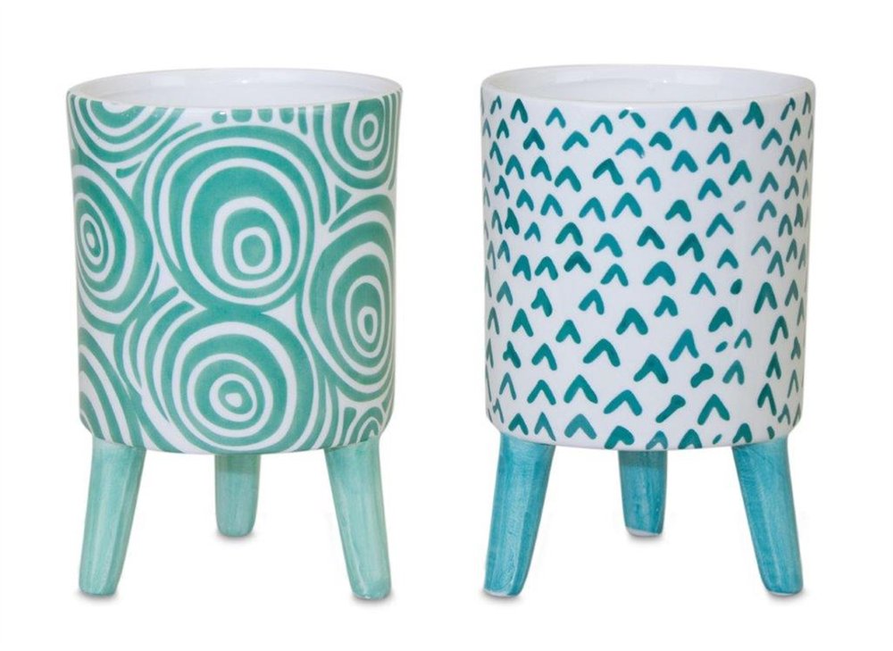 Set of Two Aqua Teal And White Ceramic 2 Ounce Chevron Round Distressed Pot Planters