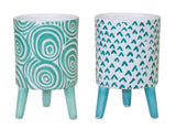 Set of Two Aqua Teal And White Ceramic 2 Ounce Chevron Round Distressed Pot Planters