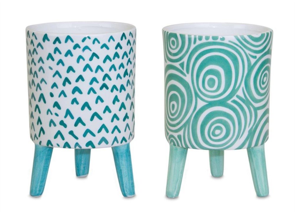 Set of Two Aqua Teal And White Ceramic 2 Ounce Chevron Round Distressed Pot Planters