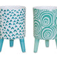 Set of Two Aqua Teal And White Ceramic 2 Ounce Chevron Round Distressed Pot Planters