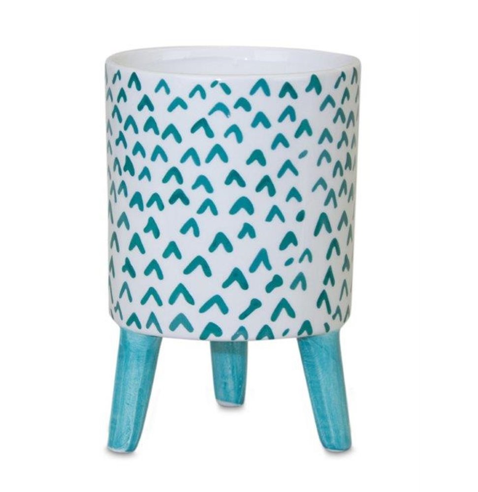 Set of Two Aqua Teal And White Ceramic 2 Ounce Chevron Round Distressed Pot Planters