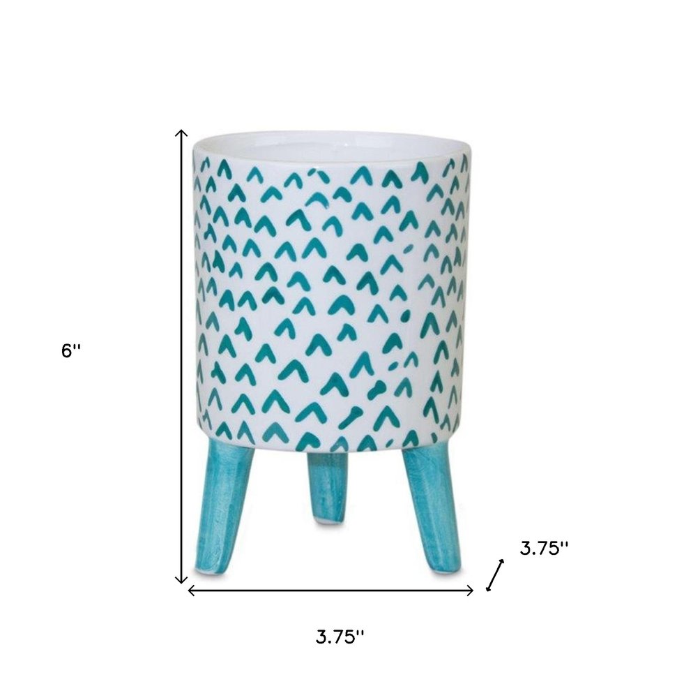 Set of Two Aqua Teal And White Ceramic 2 Ounce Chevron Round Distressed Pot Planters