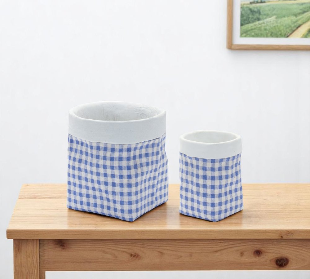 Set of Two Blue And White Cement 7 Ounce Gingham Pot Planters