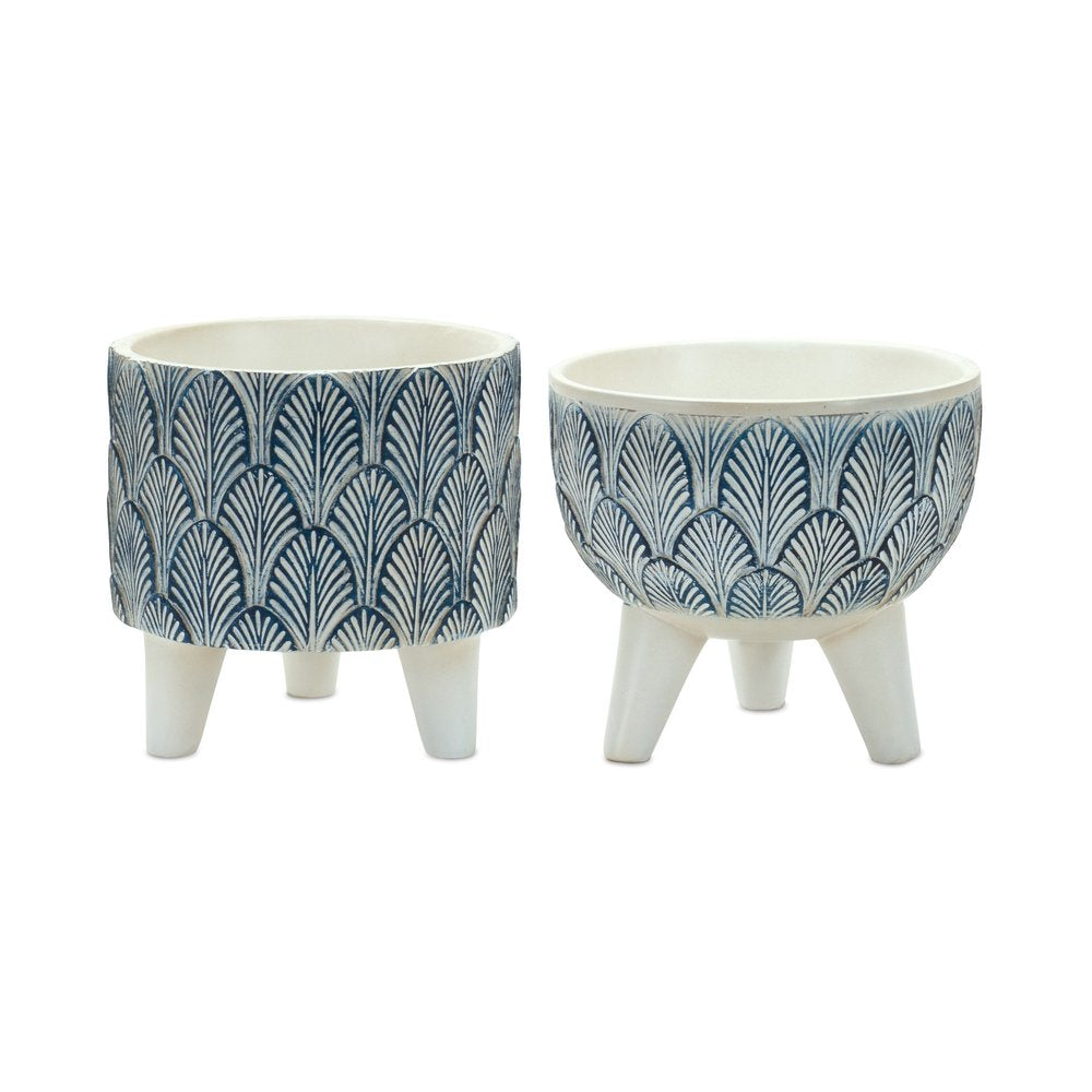 Set of Two Blue And White Polyresin Geometric Pot Planters