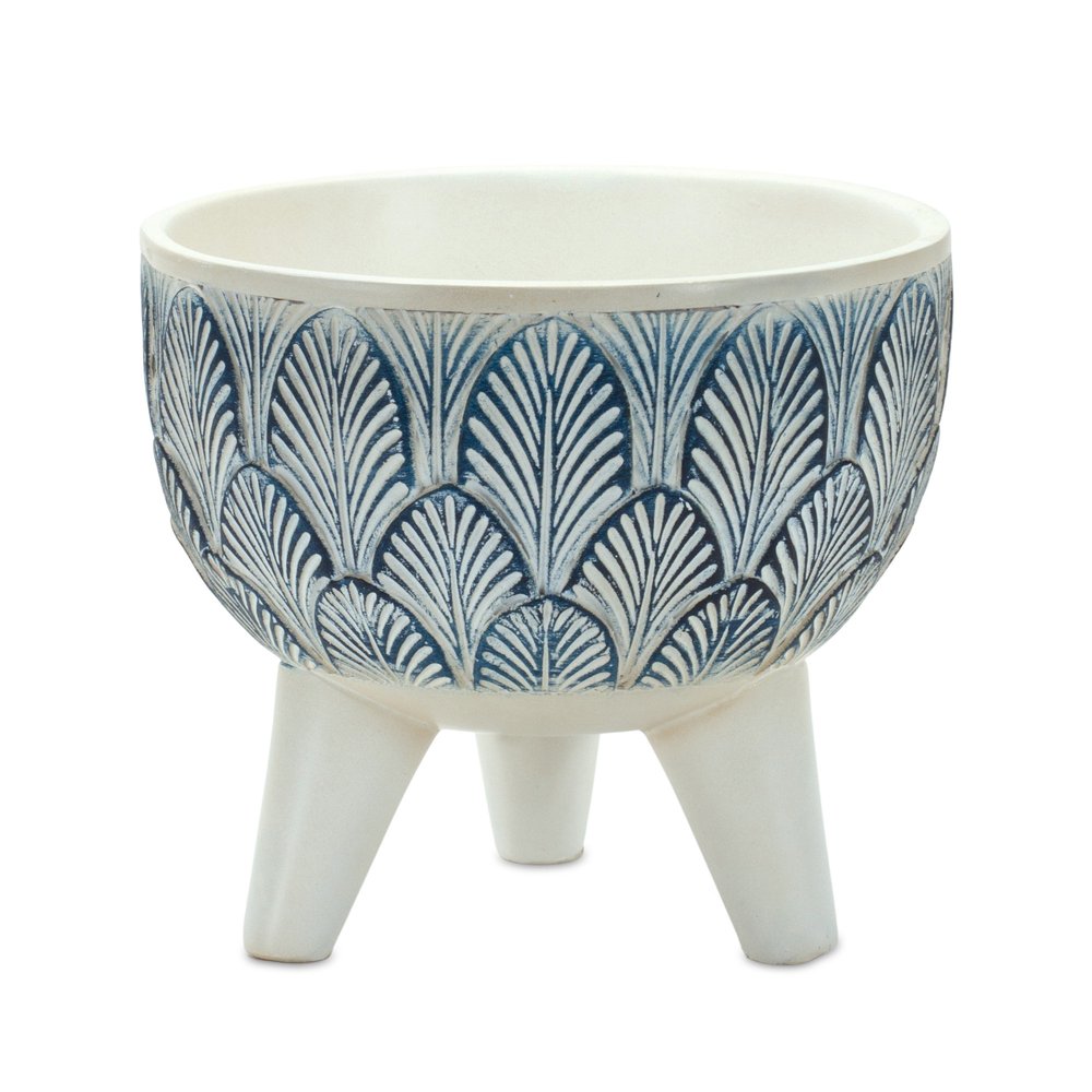 Set of Two Blue And White Polyresin Geometric Pot Planters