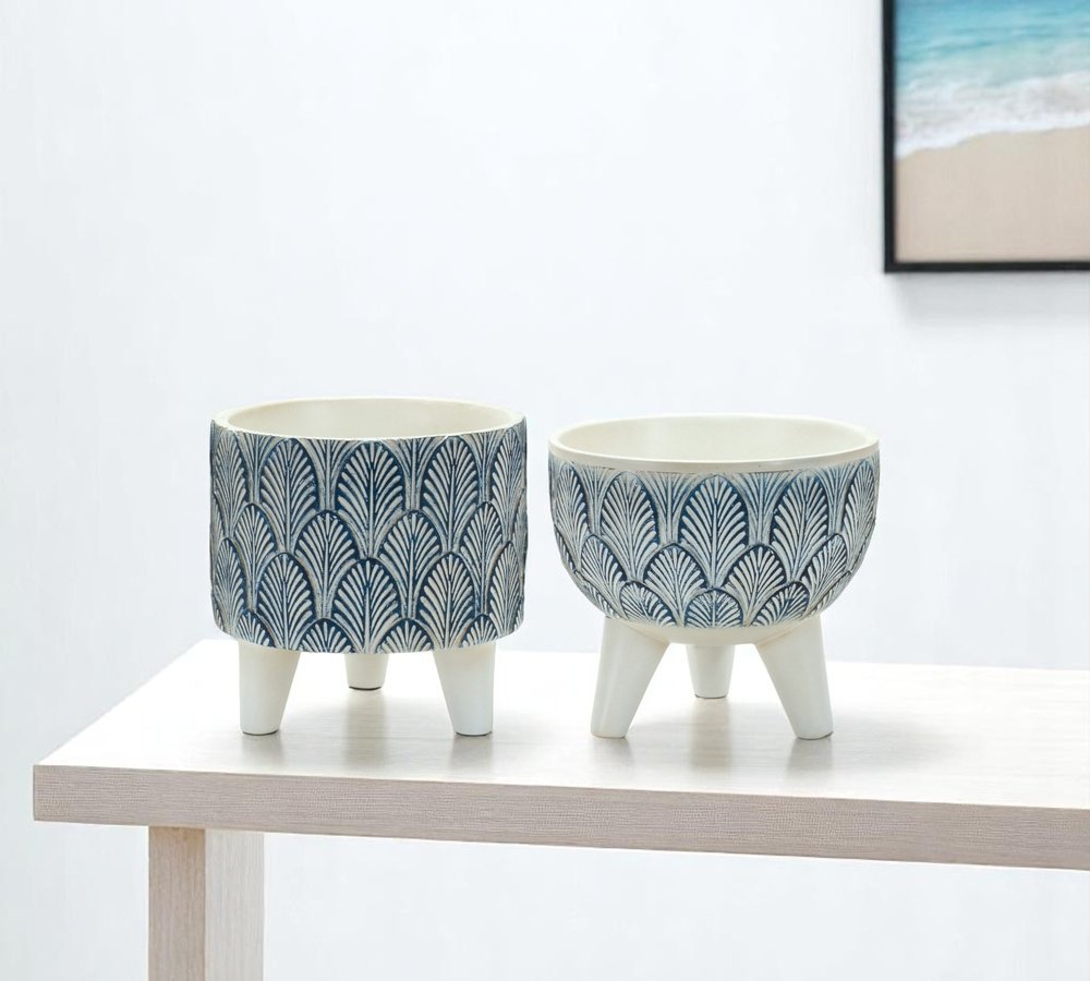 Set of Two Blue And White Polyresin Geometric Pot Planters