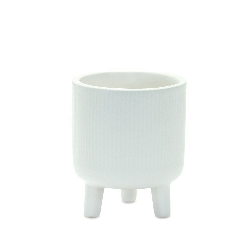 Set of Two White Ceramic Striped Footed Pot Planters
