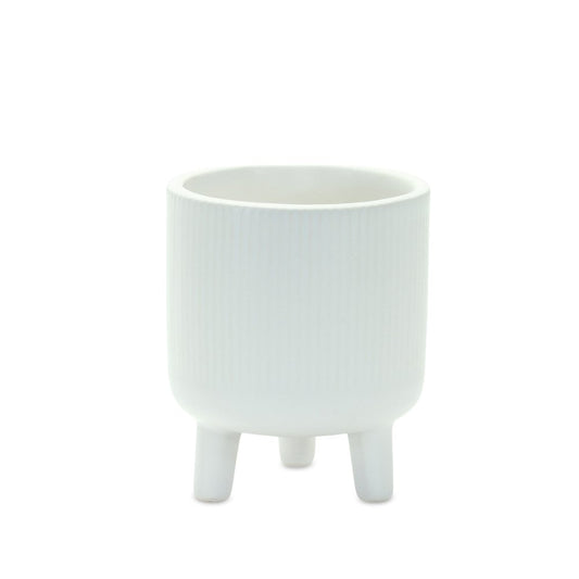 Set of Two White Ceramic Striped Footed Pot Planters