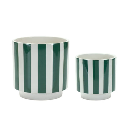 Set of Two Green And White Dolomite Striped 4 Ounce Round Pot Planters