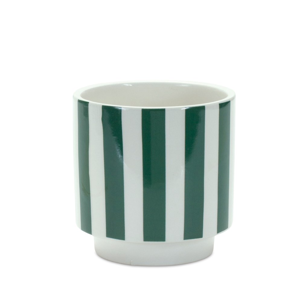 Set of Two Green And White Dolomite Striped 4 Ounce Round Pot Planters