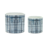 Set of Two White And Blue Ceramic Lattice 2 Ounce Round Pot Planters