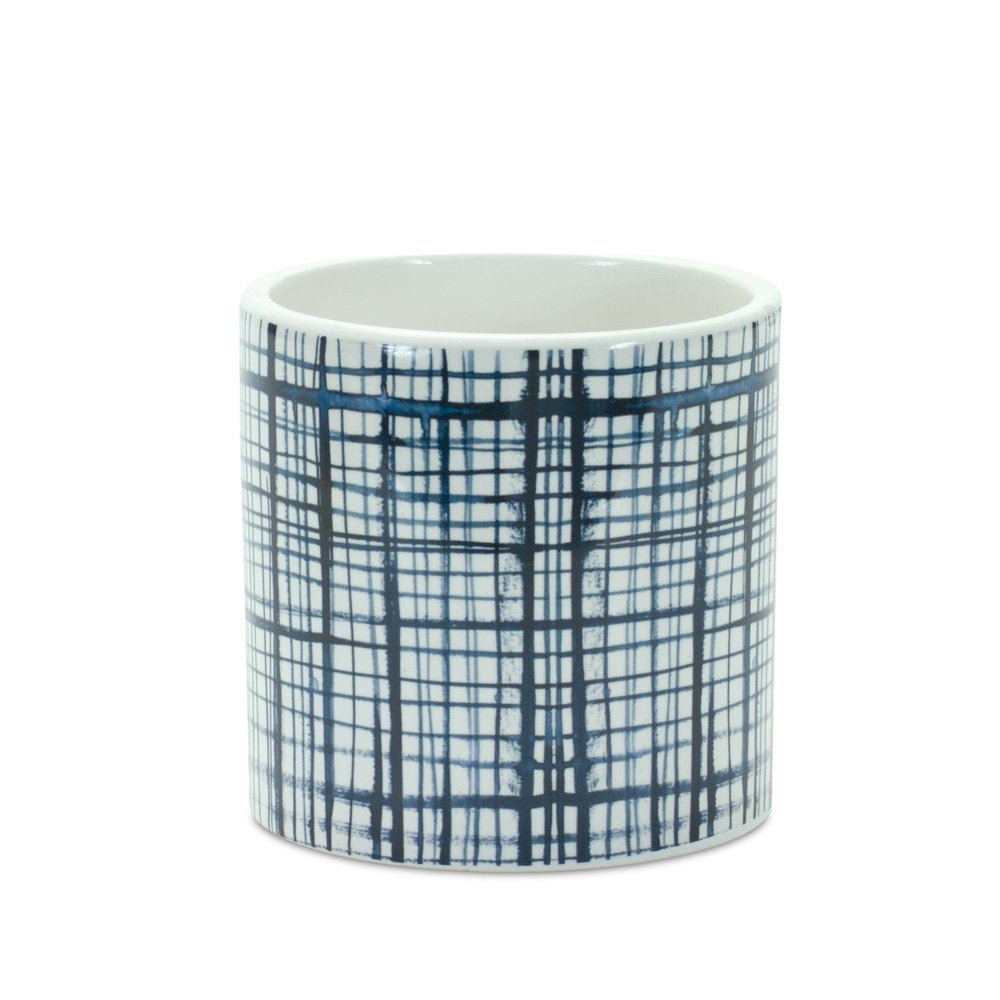 Set of Two White And Blue Ceramic Lattice 2 Ounce Round Pot Planters