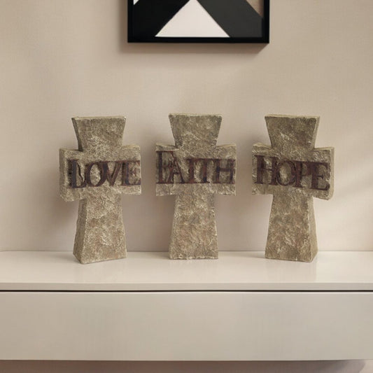 Set of Three 11" Gray Cement Cross Statue Tabletop Sculpture