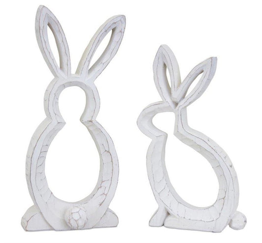 Set of Two White Polyresin Rabbit Statue Tabletop Sculpture