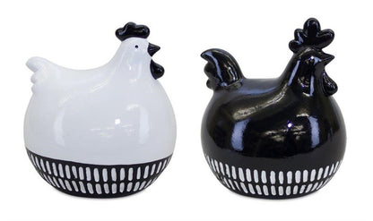 Set of Two Black And White Terracotta Chicken Figurines