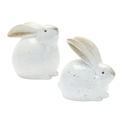 Set of Four White And Brown Terracotta Rabbit Figurines