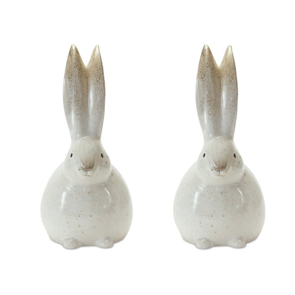 Set of Two White And Brown Terracotta Bunny Rabbit Figurines