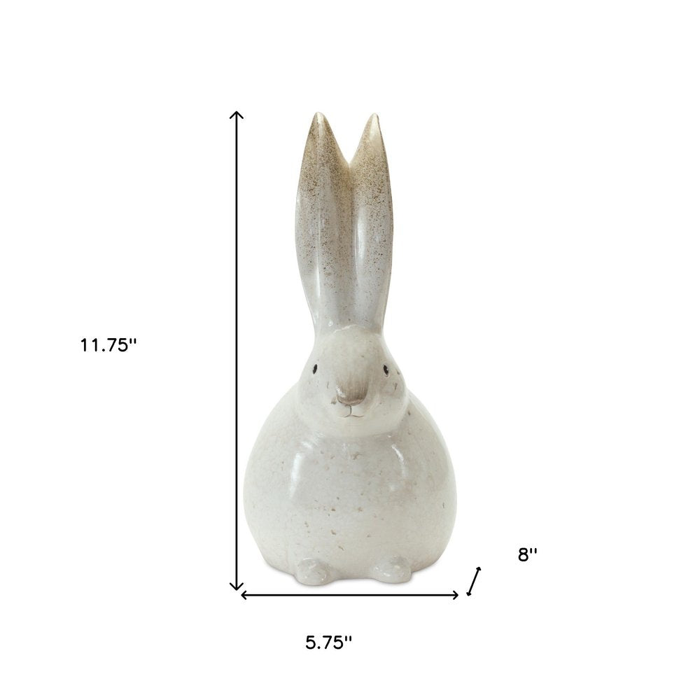 Set of Two White And Brown Terracotta Bunny Rabbit Figurines
