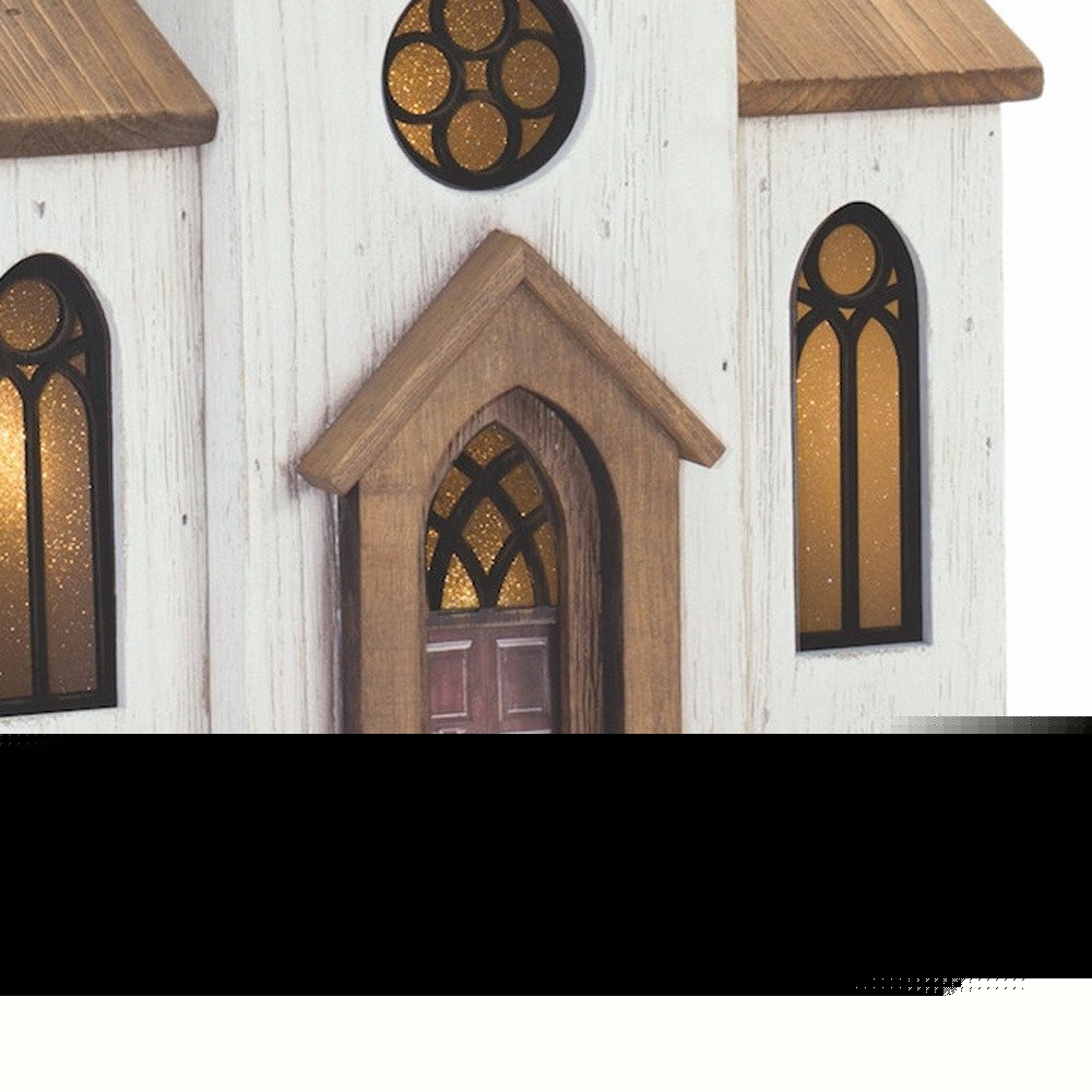 25" Brown And White Wood And Metal Church Tabletop Sculpture