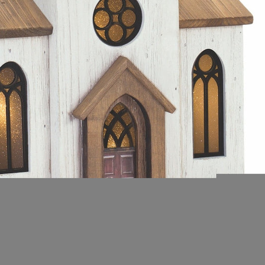 25" Brown And White Wood And Metal Church Tabletop Sculpture