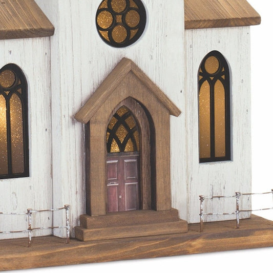 25" Brown And White Wood And Metal Church Tabletop Sculpture