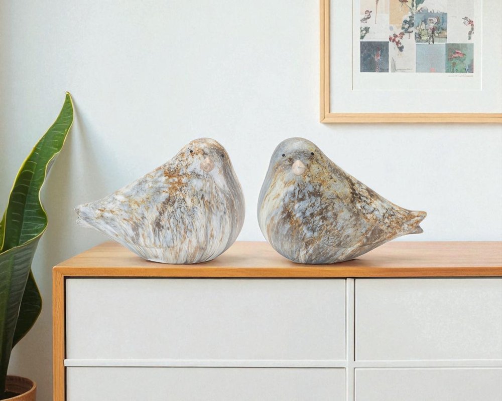 Set of Two Brown Blue And Ivory Faux Marble Bird Figurines