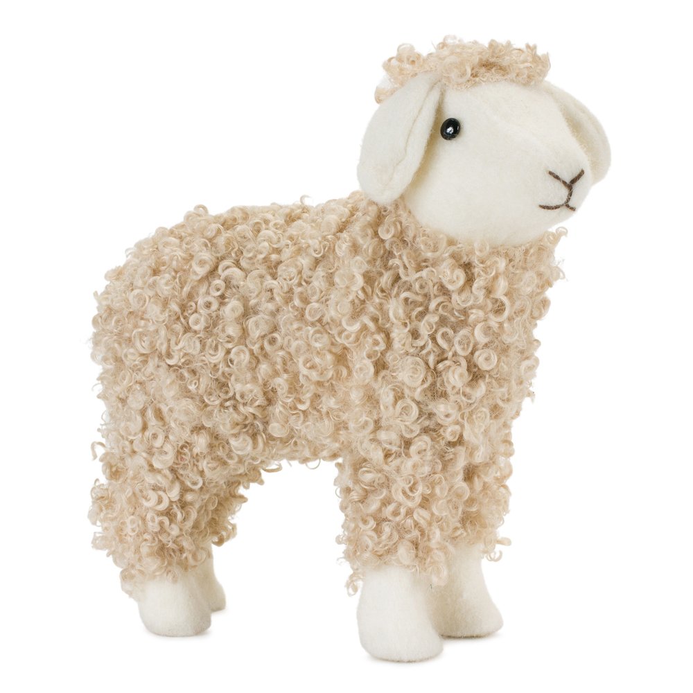 Set of Two Beige And White Plush Sheep Tabletop Sculptures