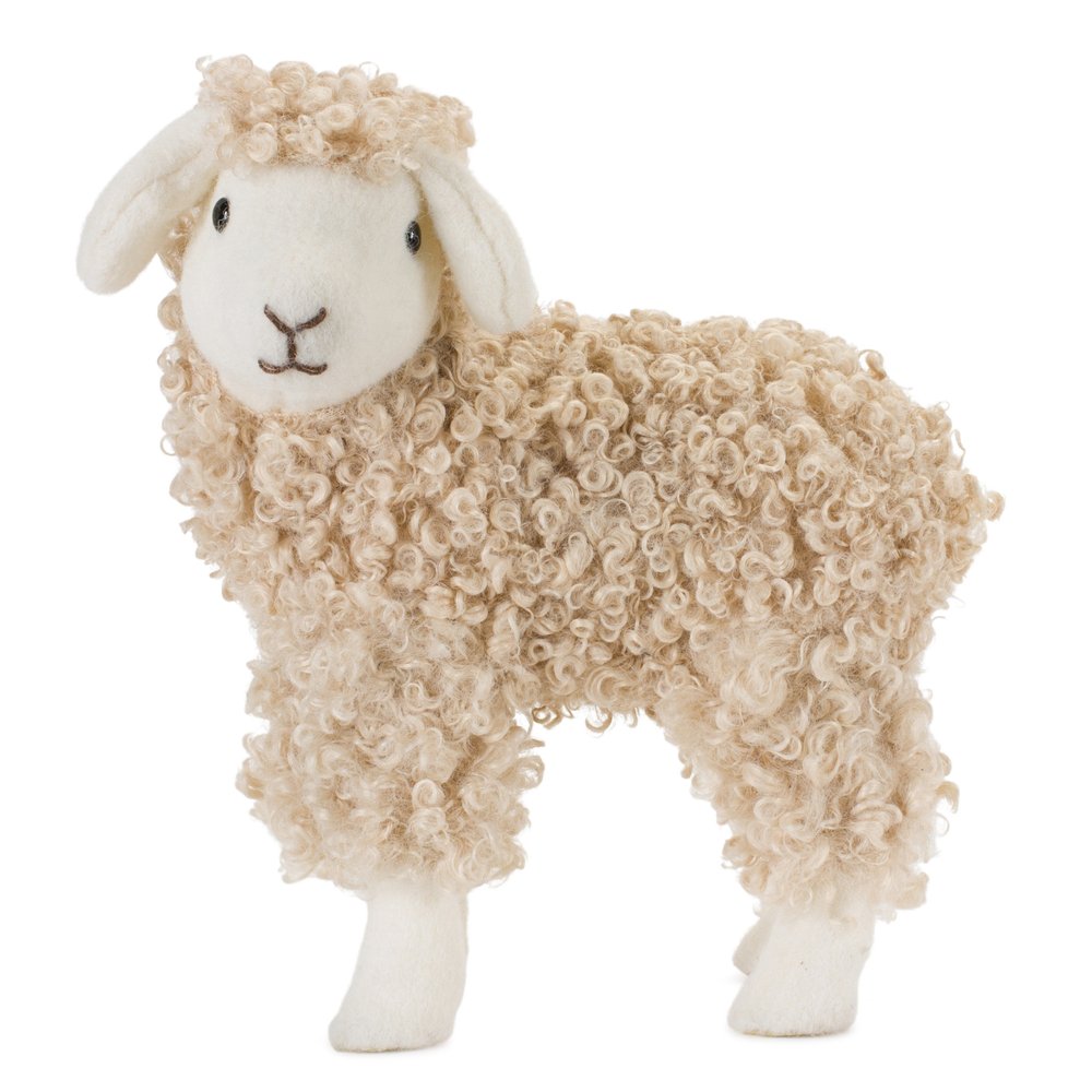 Set of Two Beige And White Plush Sheep Tabletop Sculptures
