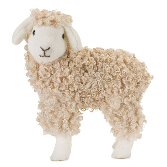 Set of Two Beige And White Plush Sheep Tabletop Sculptures
