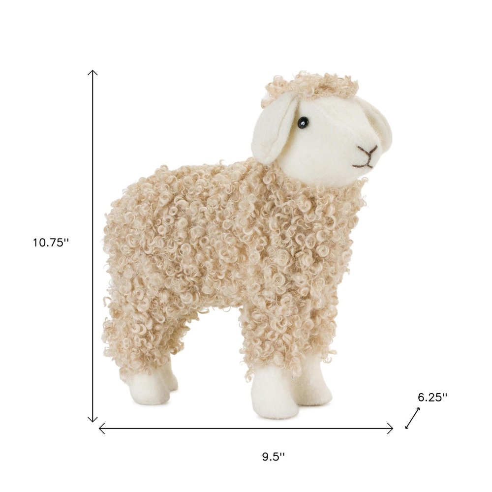 Set of Two Beige And White Plush Sheep Tabletop Sculptures