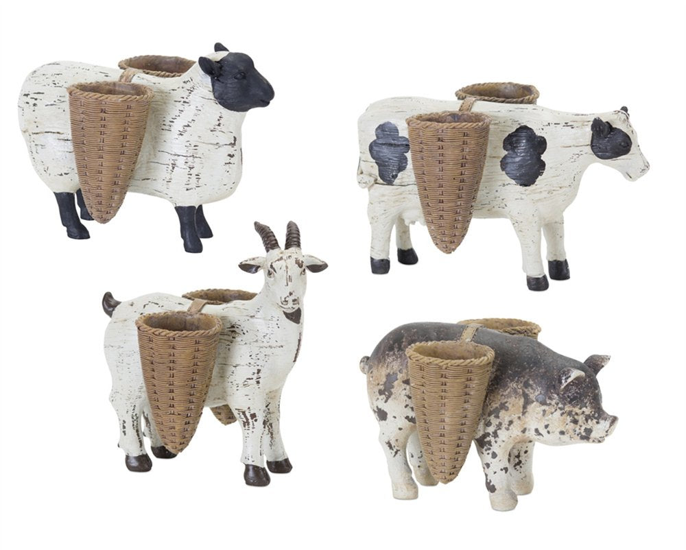Set of Four Black And White Polyresin Farm Animal Figurines With Vases