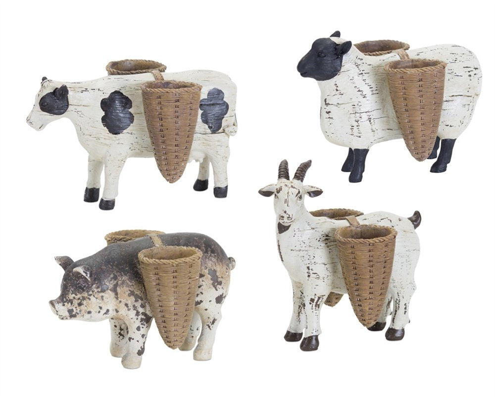 Set of Four Black And White Polyresin Farm Animal Figurines With Vases