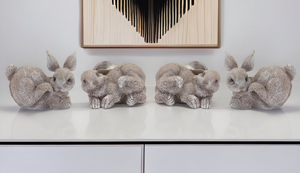 Set of Four 4" Gray and Brown Polyresin Rabbit Figurine Tabletop Sculpture