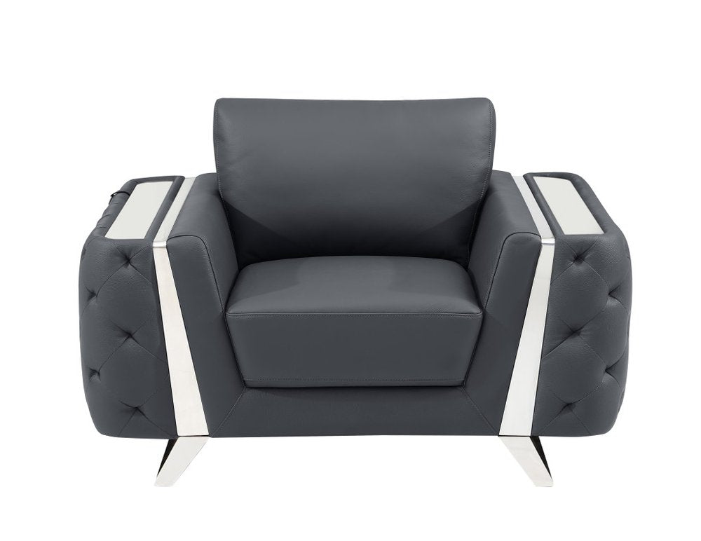 50" Dark Gray And Silver Faux Leather Tufted Club Chair