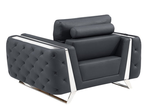 50" Dark Gray And Silver Faux Leather Tufted Club Chair