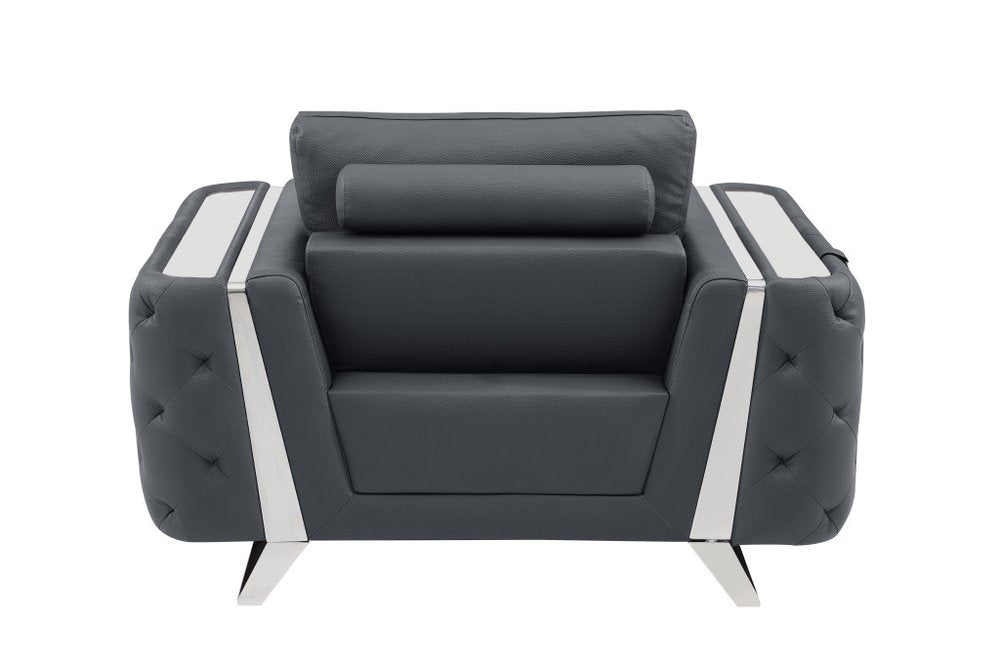 50" Dark Gray And Silver Faux Leather Tufted Club Chair