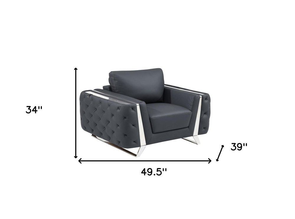 50" Dark Gray And Silver Faux Leather Tufted Club Chair