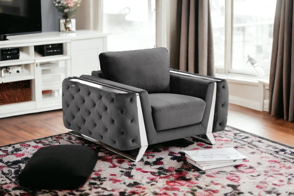 50" Dark Gray And Silver Velvet Tufted Club Chair