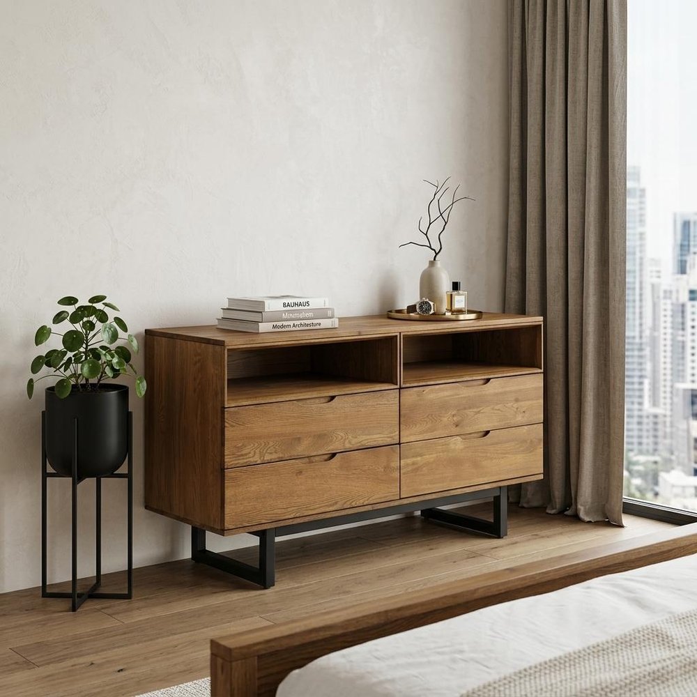 59" Brown Solid Wood Four Drawer Double Dresser