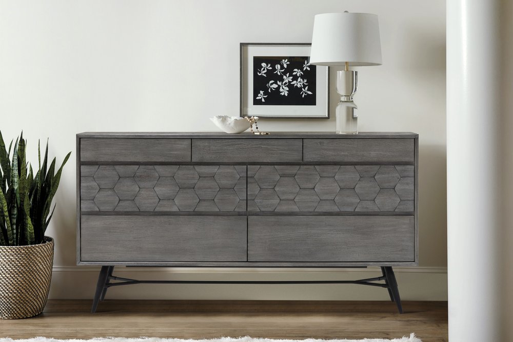 61" Gray Solid Wood Six Drawer Double Dresser
