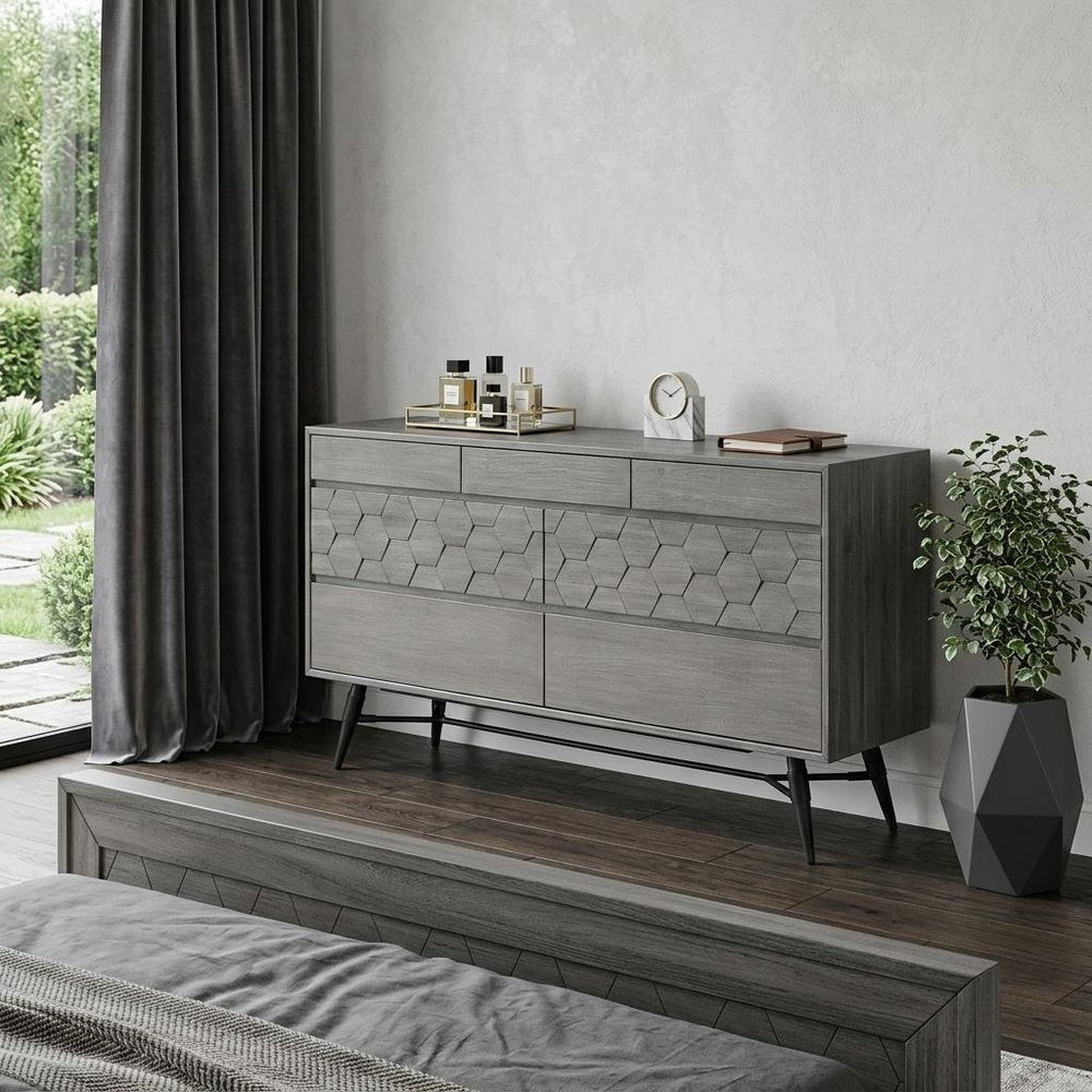 61" Gray Solid Wood Six Drawer Double Dresser