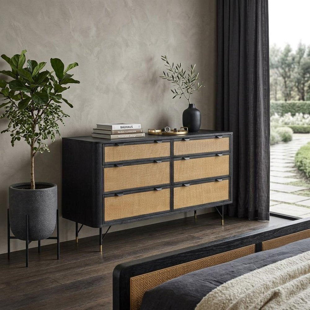 61" Black And Natural Solid Wood Six Drawer Double Dresser