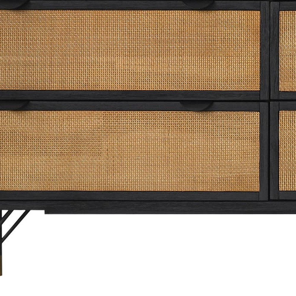 61" Black And Natural Solid Wood Six Drawer Double Dresser