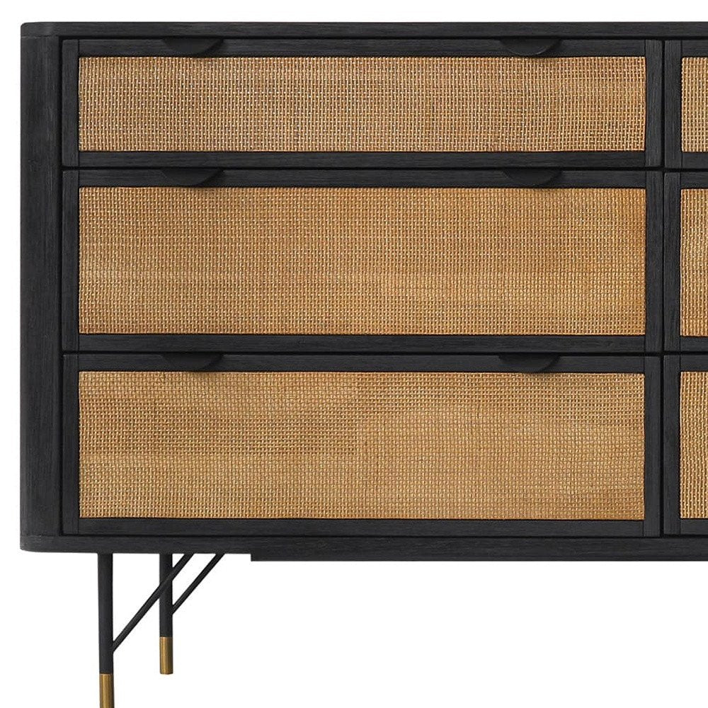 61" Black And Natural Solid Wood Six Drawer Double Dresser