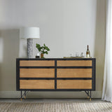 61" Black And Natural Solid Wood Six Drawer Double Dresser