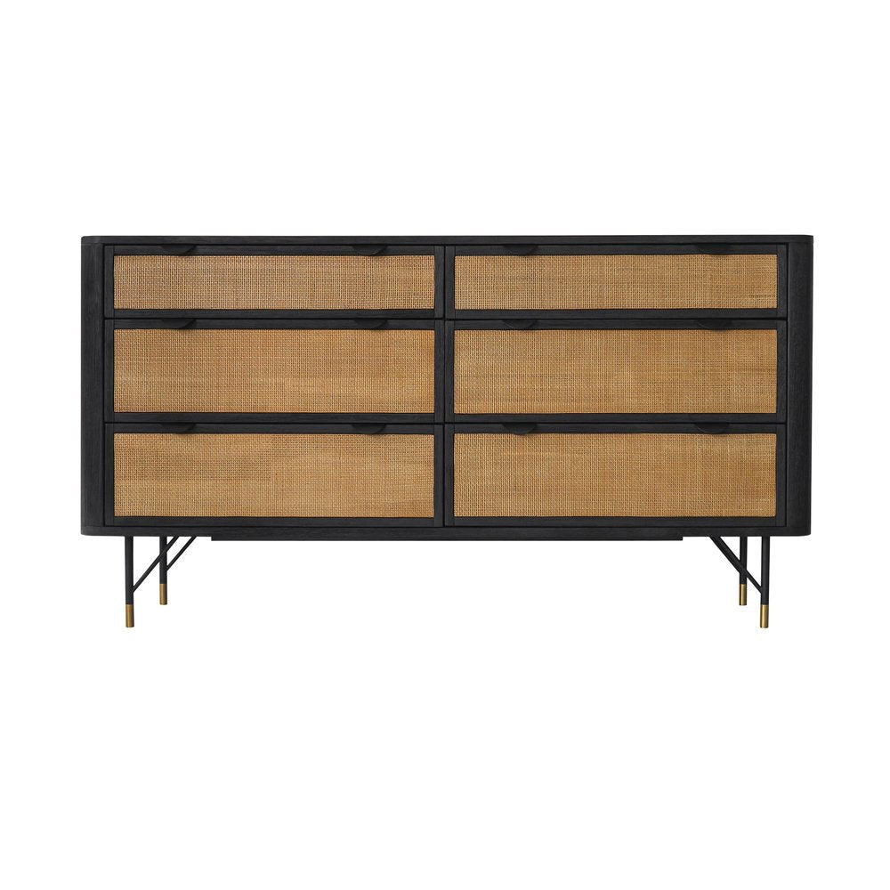 61" Black And Natural Solid Wood Six Drawer Double Dresser