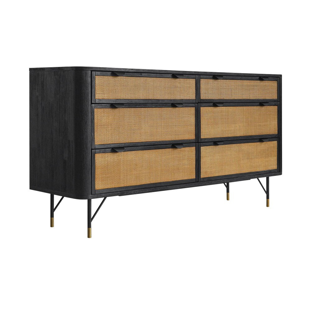 61" Black And Natural Solid Wood Six Drawer Double Dresser