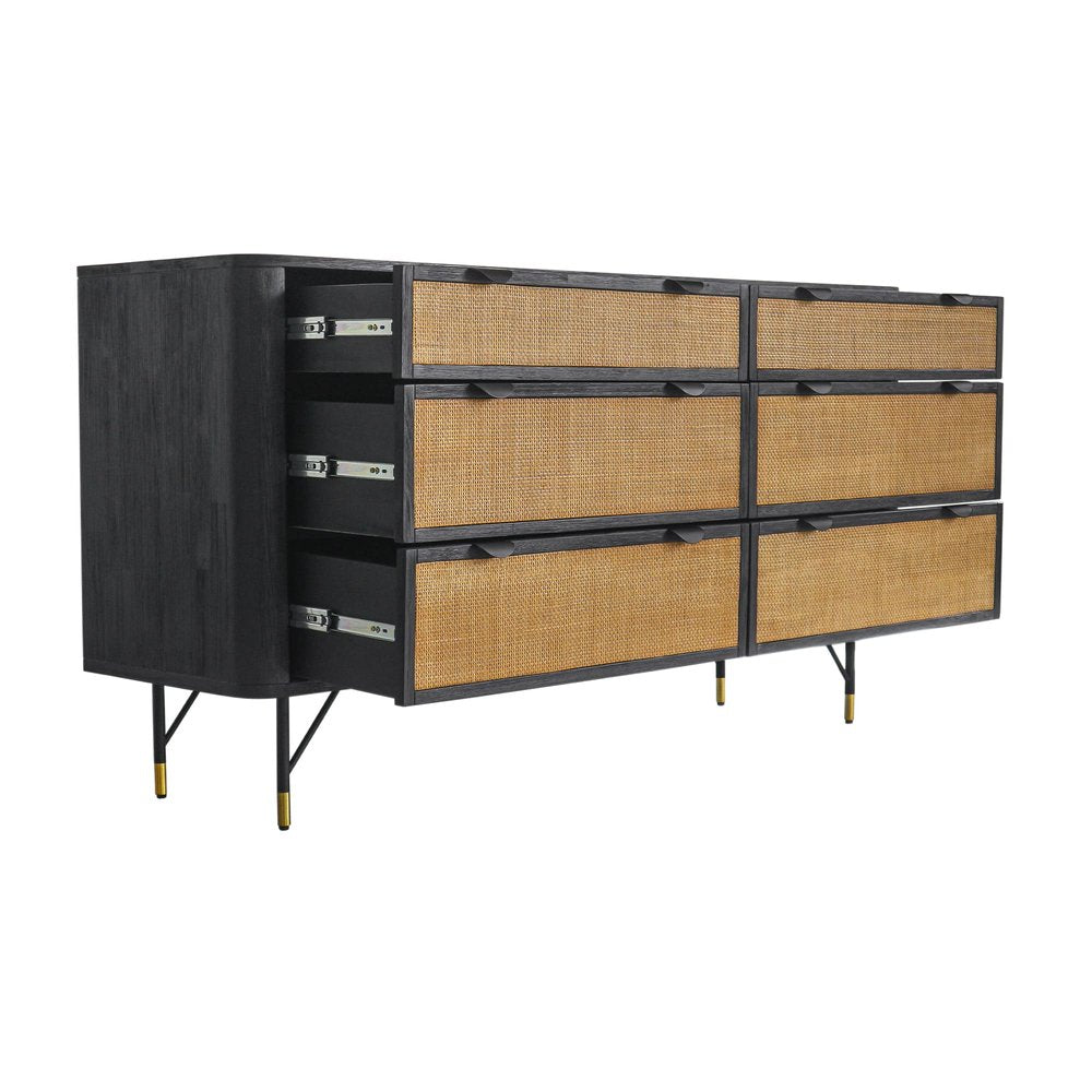 61" Black And Natural Solid Wood Six Drawer Double Dresser